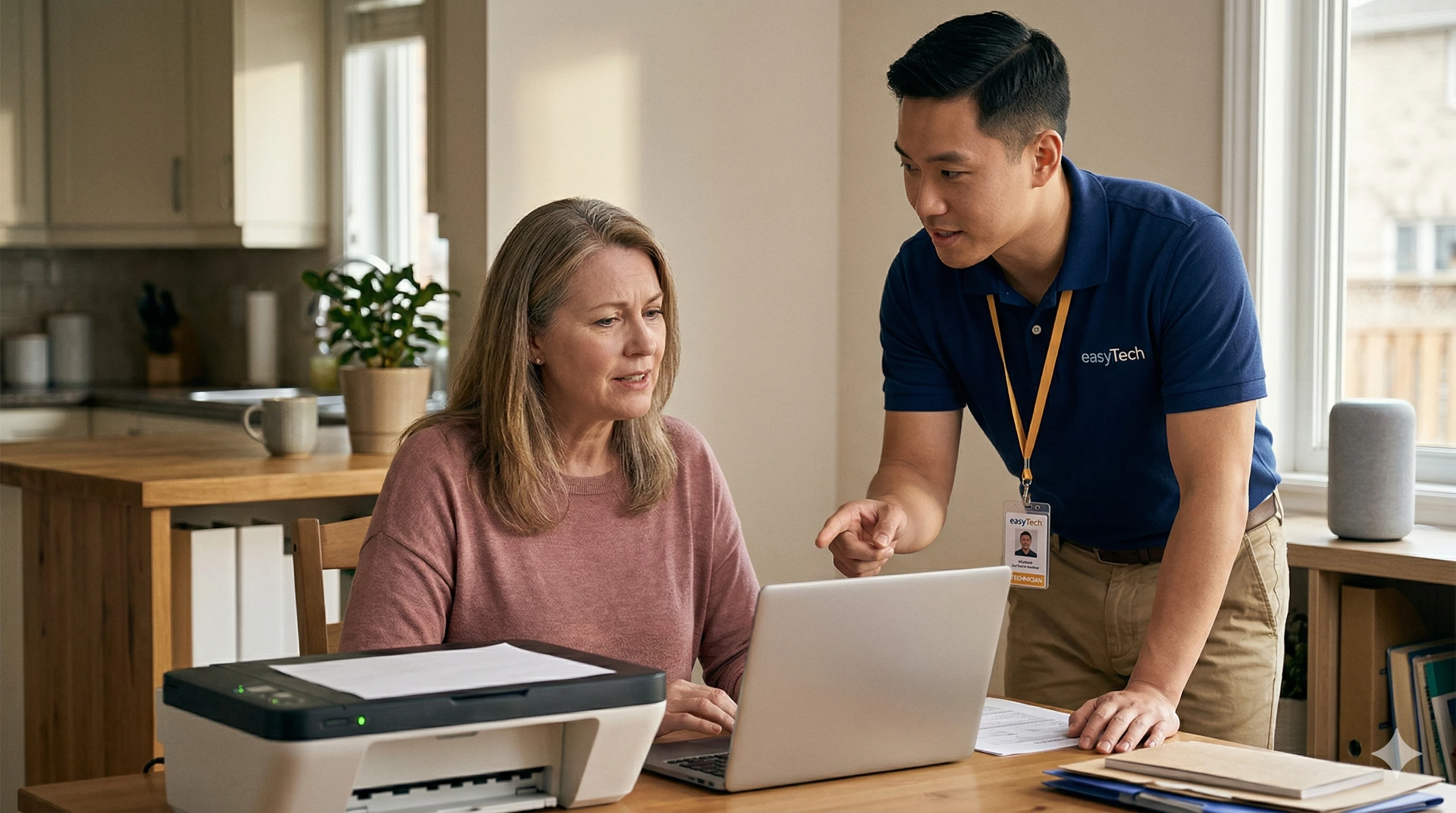 An easyTech technician helping a woman with her laptop and printer at her kitchen table