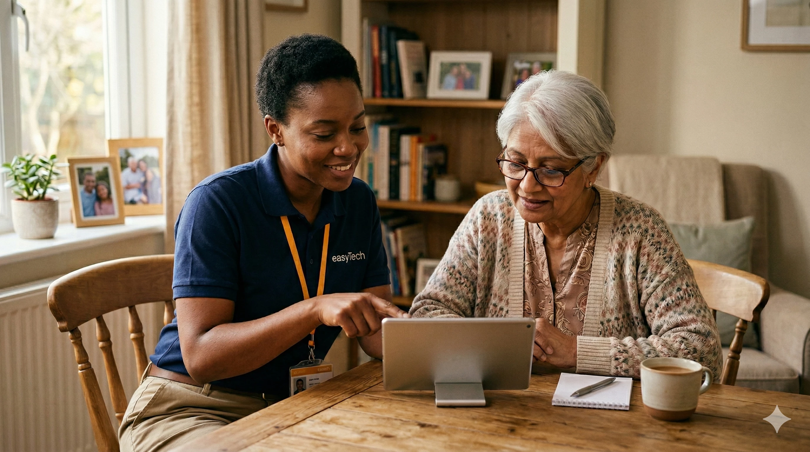 An easyTech technician sitting beside a woman at a table, helping her learn to use a tablet at home